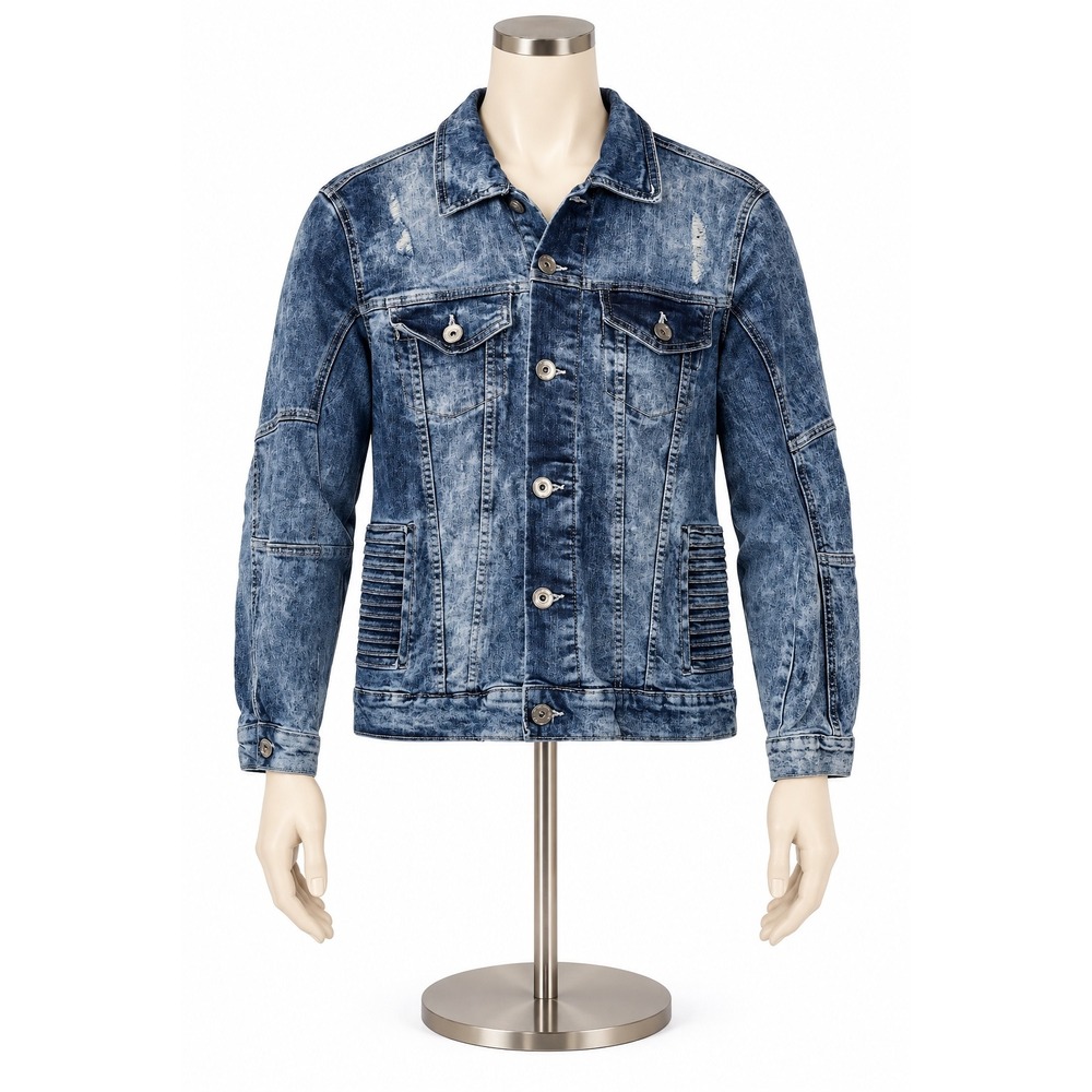 WT02 Mens Acid Wash Distressed Moto Denim Trucker Jacket Blue Medium